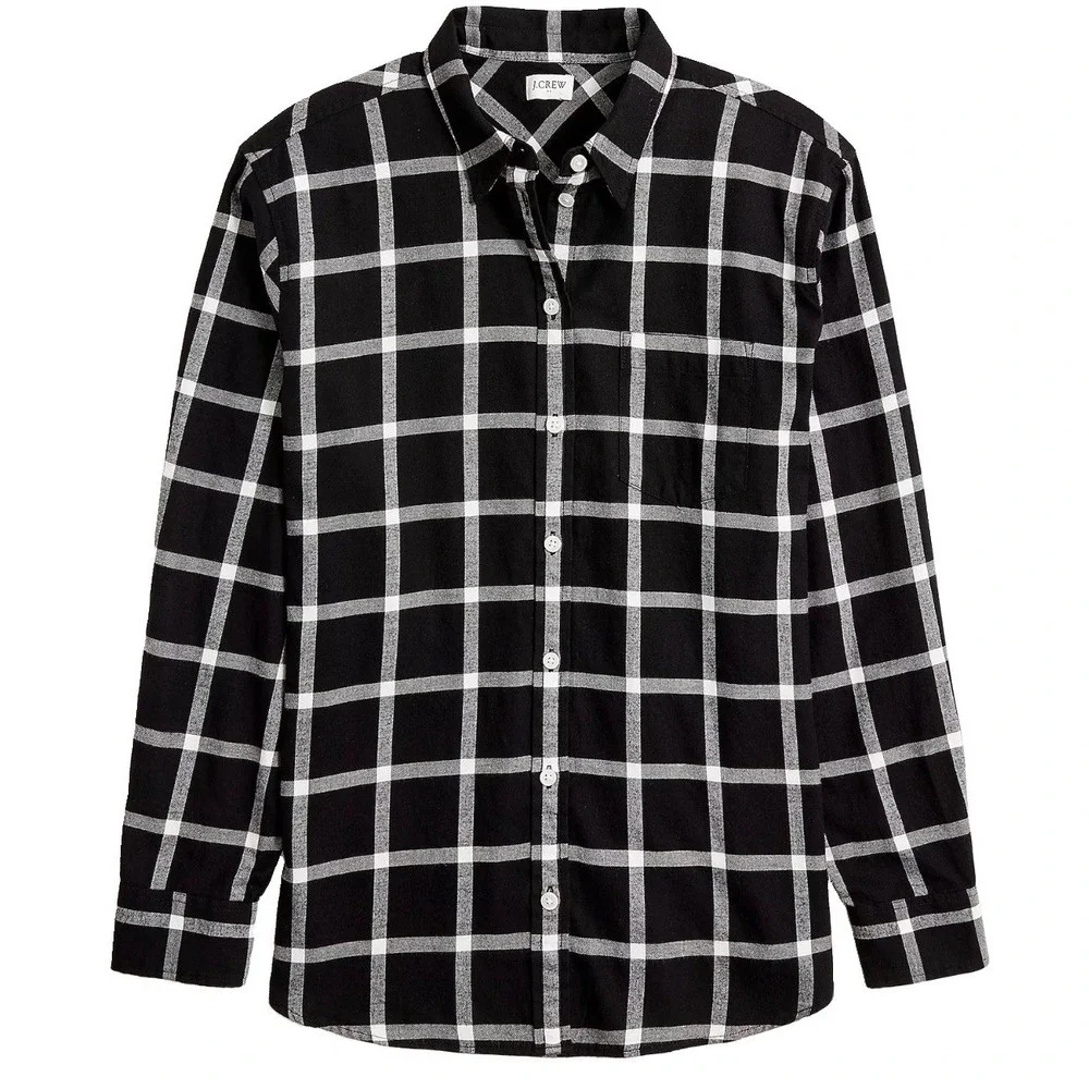 J Crew Women's Button Up Top Large Cotton Window Pane Flannel Plaid Black White
